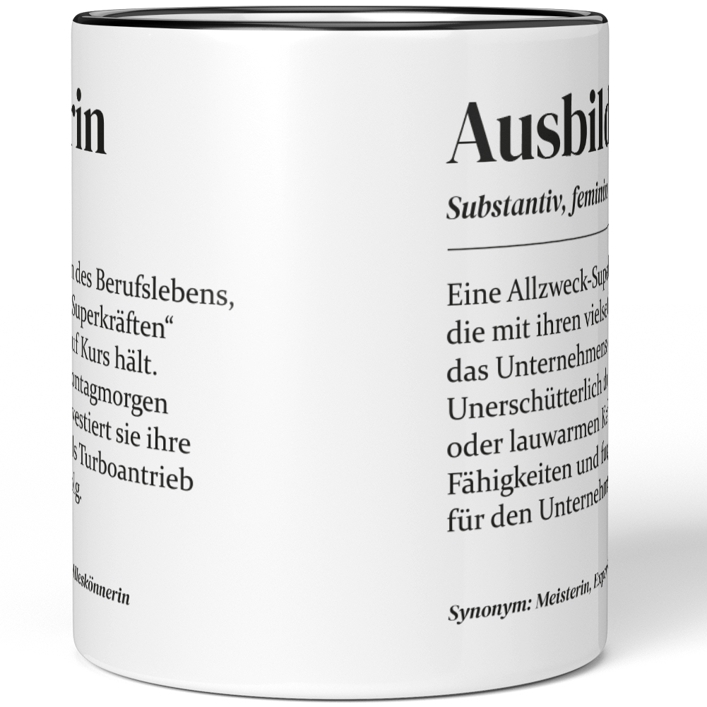 JUNIWORDS Tasse 'Definition Ausbilderin' - Schwarze Henkeltasse Mit Witzigem Spruch, 330 Ml, Made In Germany