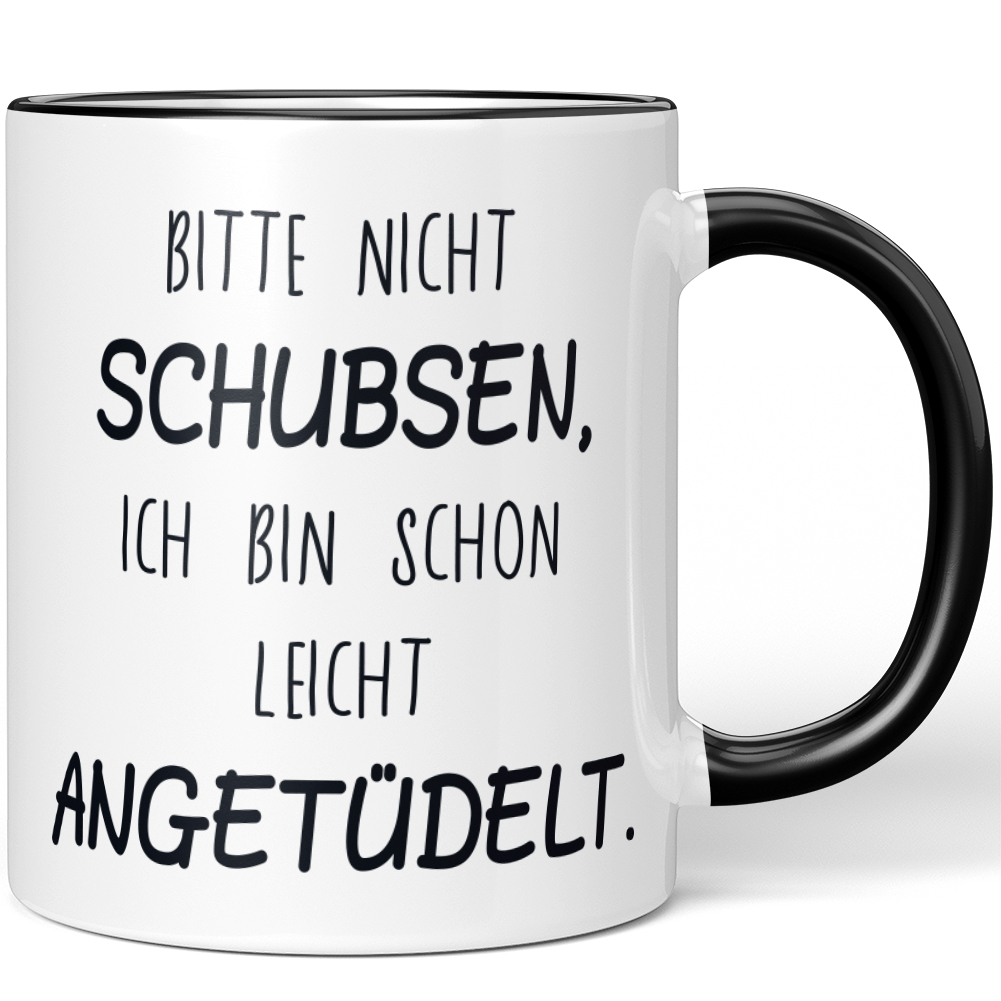 EZYshirt® Baumwoll-Stoffbeutel „Bitte Nicht Schubsen Ich Bin Schon Leicht Angetüdelt“ – 12 Liter, 46 X 37 Cm